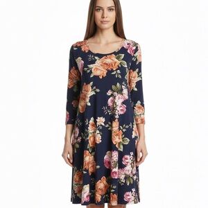 Honey & Lace Stretchy Floral Long Sleeve Dress with Pockets